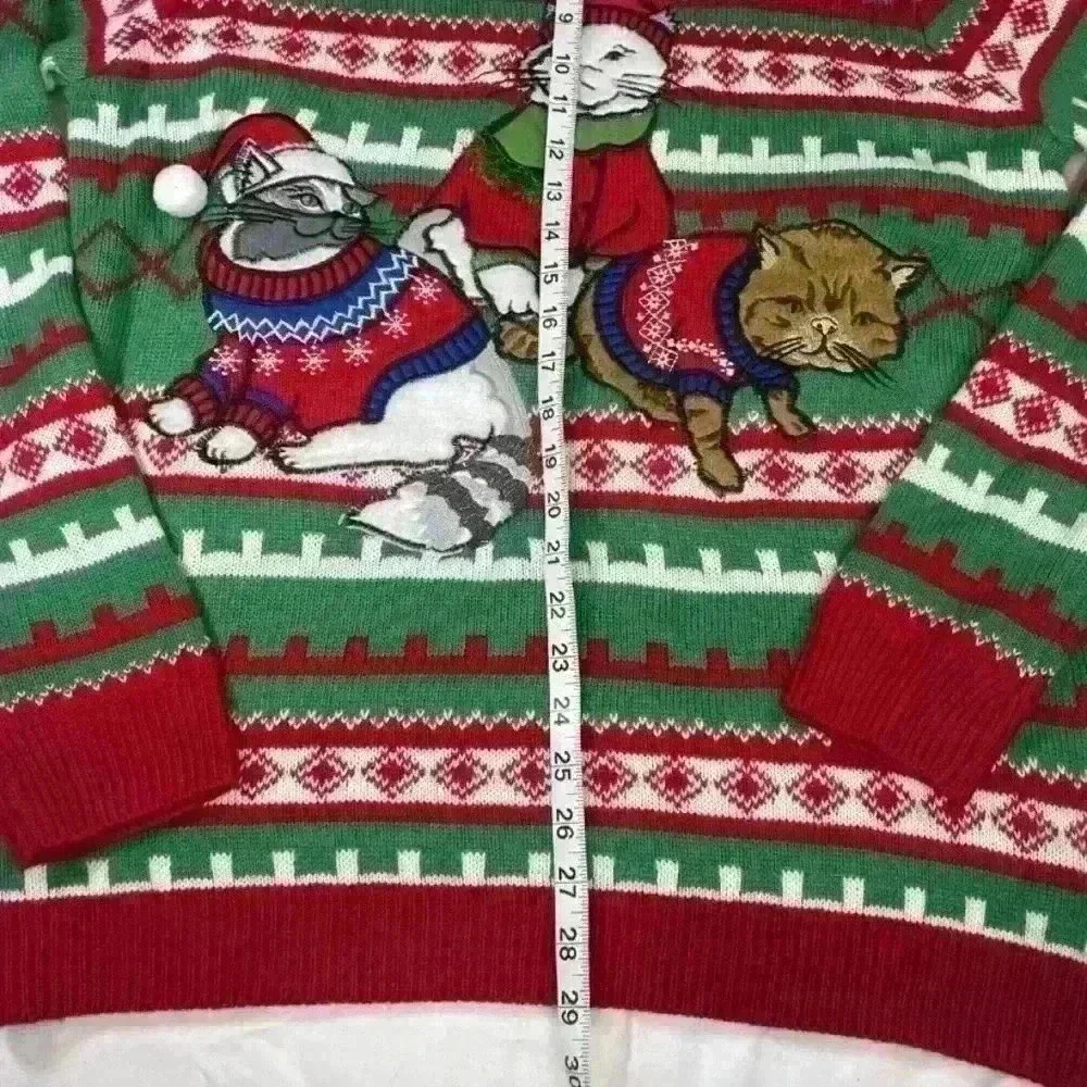 Jolly Ugly christmas embroidered Cat sweater Women’s Large Green Red Color - Picture 6 of 7